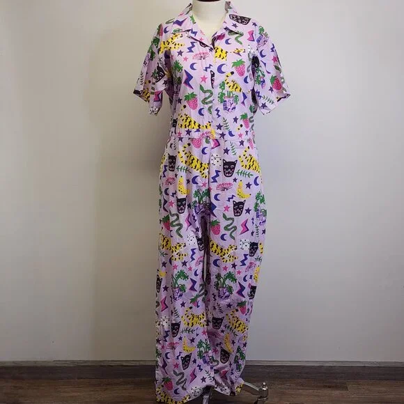 Nooworks Coveralls Short Sleeve Jumpsuit in Hastings Print Womens XXL Lavender - Picture 2 of 13